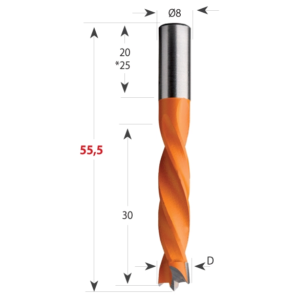 CMT 306 Vrták kolíkovací nepriechodzí S8 L55,5 HW - D3x18 S=8x28 L55,5 P