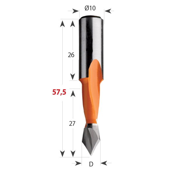 CMT 313 Vrták kolíkovací priechodzí S10 L57,5 HW - D10x27 S=10x26 L57,5 P