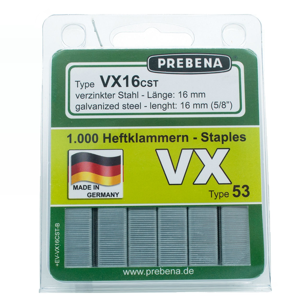 VX16CST-B Spony pozinkované – oceľová kvalita, blistrové balenie | dĺžka 16 mm | šírka 9 mm | Balenie 1 000 ks